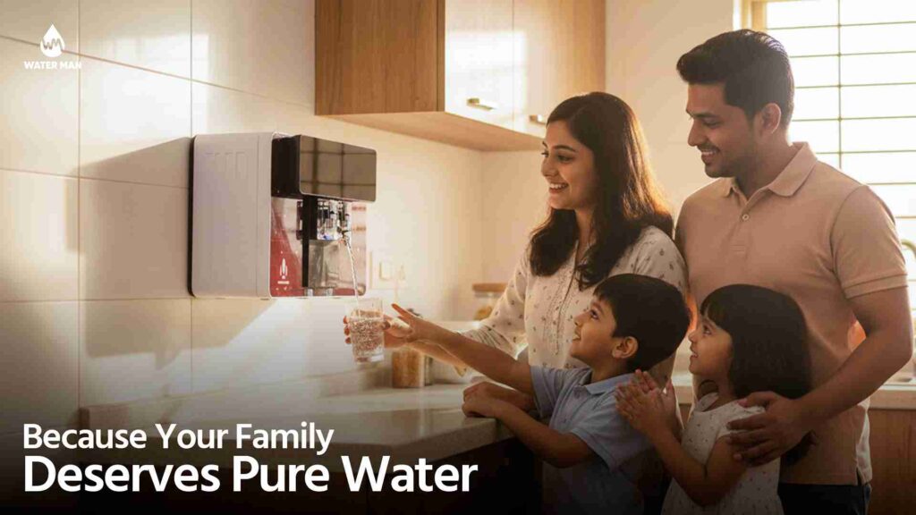 Bangladeshi family using modern electric water purifier in kitchen filling glass with clean water representing electric water filter price in Bangladesh