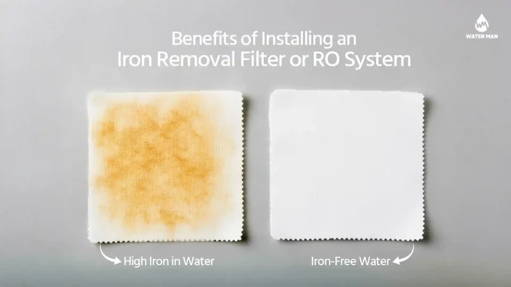 Side by side white cloth comparison showing orange stains from iron in water Bangladesh and clean cloth after filtered water use