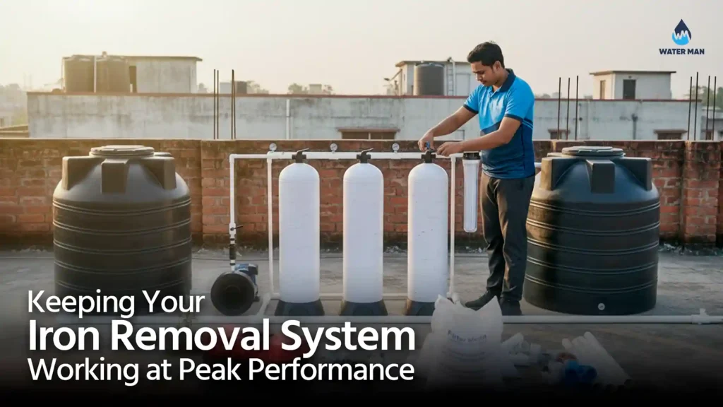 Certified technician installing water treatment system to solve iron in water Bangladesh in a residential home