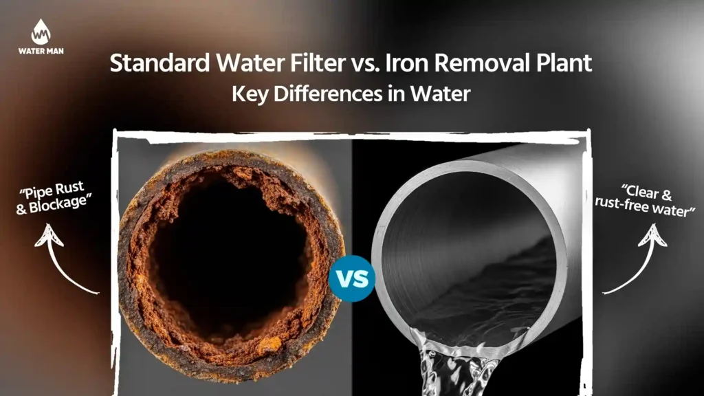 Side-by-side view of corroded pipe damaged by iron water and clean stainless pipe with clear flow showing iron removal plant price in Bangladesh impact