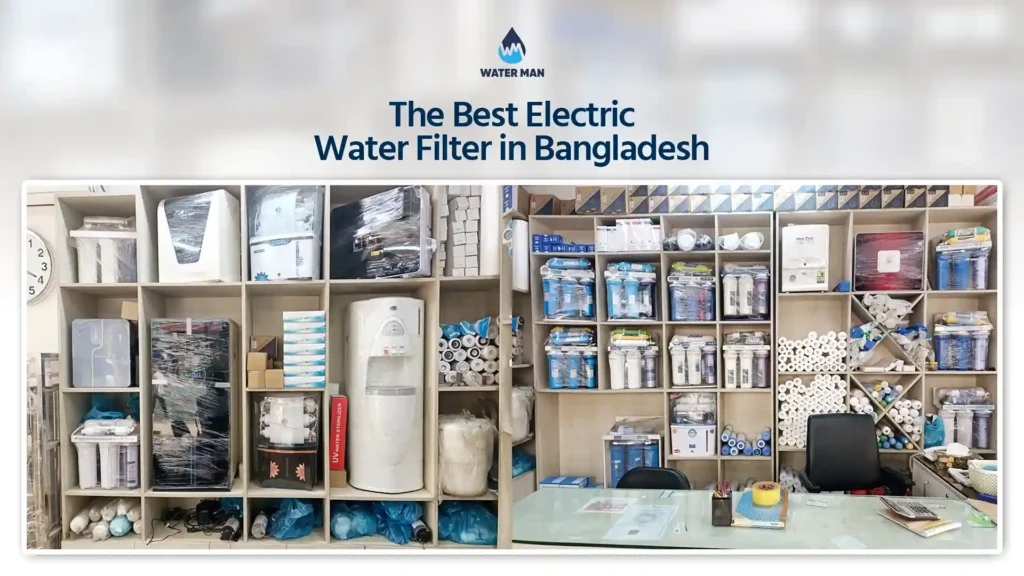 Showroom display of multiple RO and UV water purifier models in Bangladesh representing electric water filter price in Bangladesh