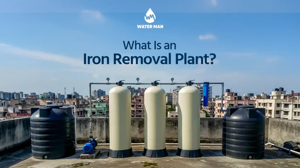 Professional iron removal plant installation in a Bangladeshi utility room with pressure vessels and pipes showing iron removal plant price in Bangladesh solution