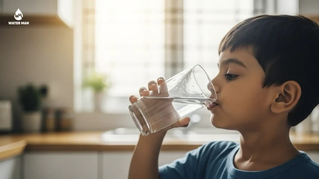 A young Bangladeshi child happily drinking a glass of clean water provided by the best water purifier for home in Bangladesh.