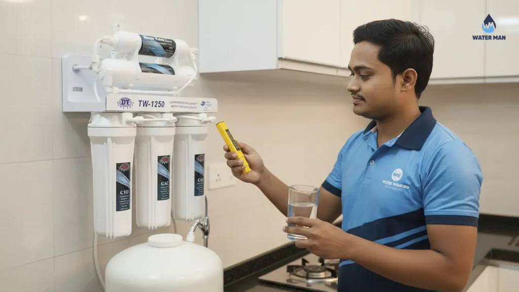 A professional Waterman BD technician performing a water purifier service in Bangladesh using a TDS meter to check water quality at a home in Dhaka.