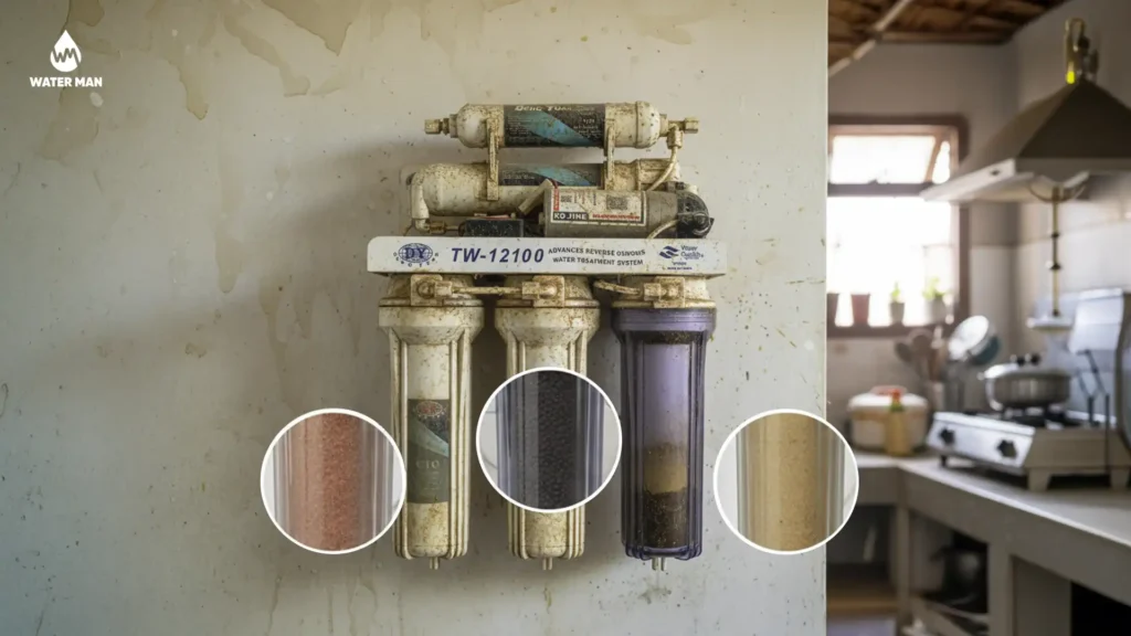 Water purifier spare parts price in Bangladesh - A comparison showing a dirty sediment cartridge, a damaged RO membrane, and a blocked solenoid valve from a home water filter.